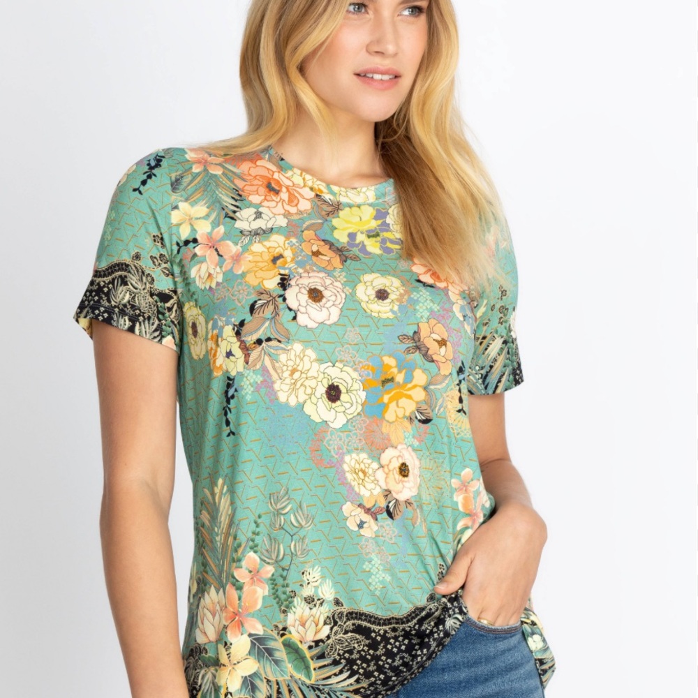JOHNNY WAS Millay Floral Print Crew Neck Bamboo Knit Jersey Tee Shirt